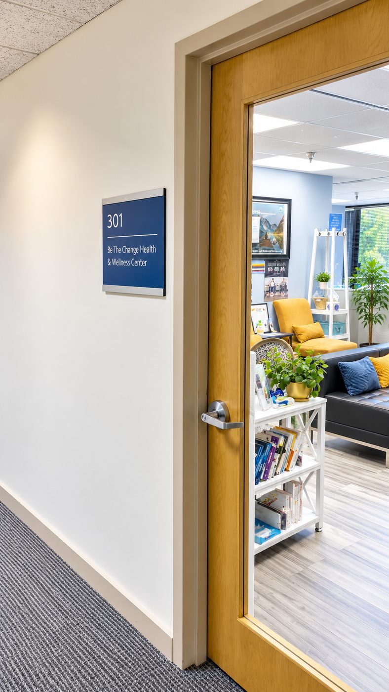 The open door to Suite 301, signed Be The Change Health and Wellness Center, looking into the front lounge.
