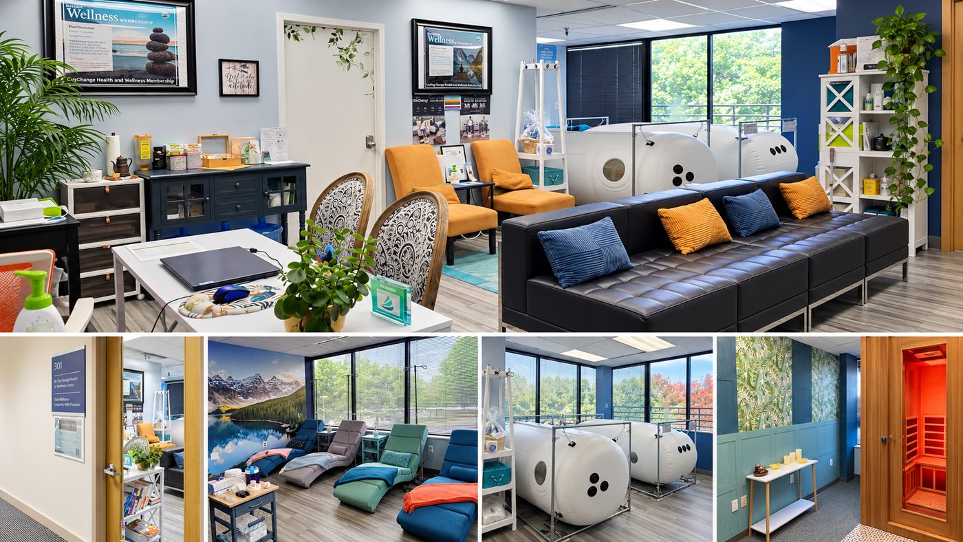 Inside Be The Change: the front lounge with hyperbaric chambers, the Suite 301 entrance, the infusion room, the hyperbaric room and the infrared sauna.