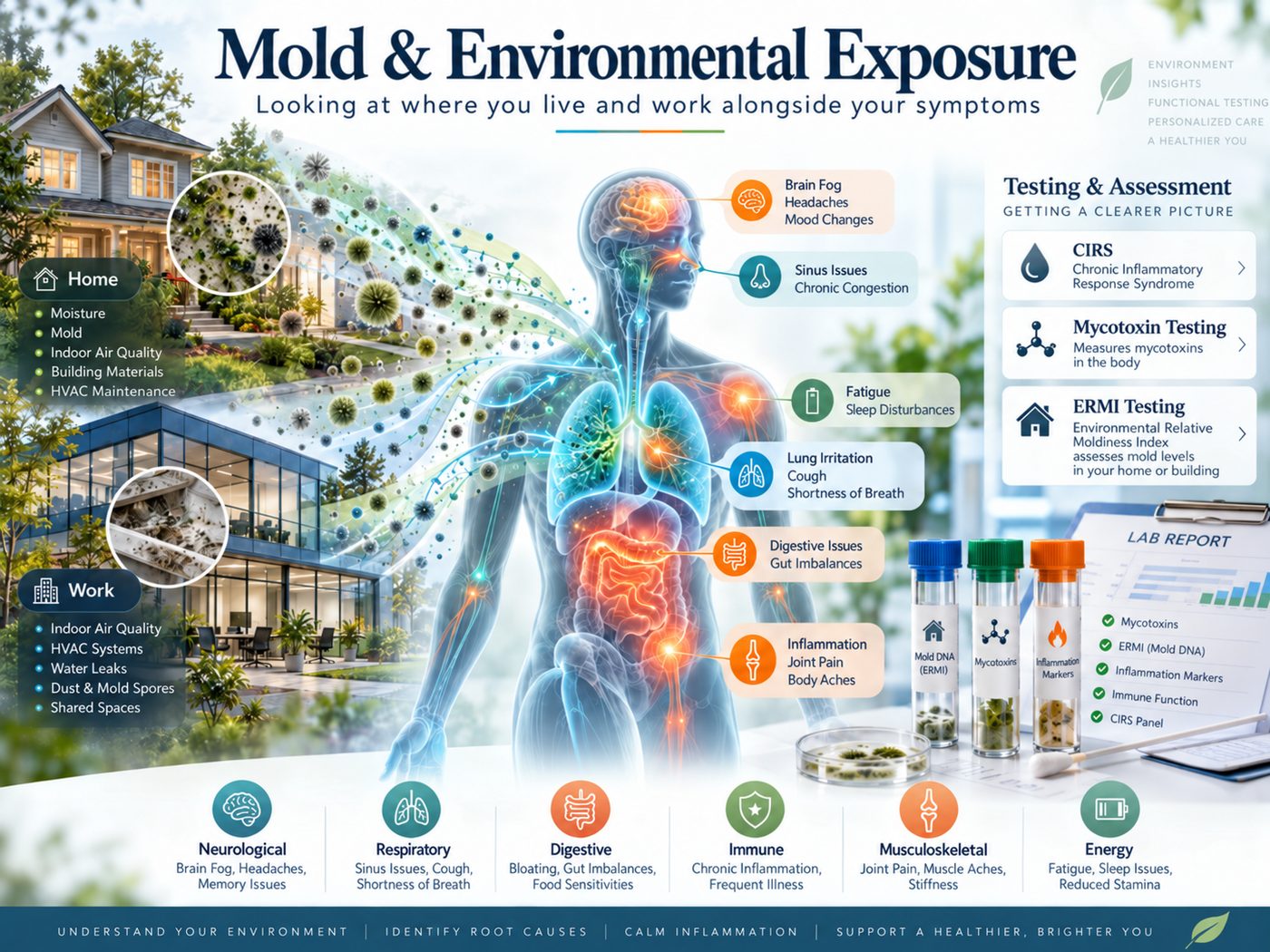 Mold and environmental exposure: where exposure happens at home and work, the symptoms it can bring, and the tests we use.