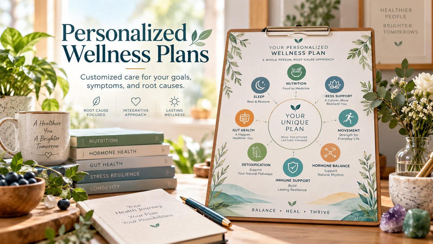 Personalized wellness plans: customized care for your goals, symptoms and root causes, covering nutrition, sleep, stress support, movement, gut health, detoxification, hormone balance and immune support.