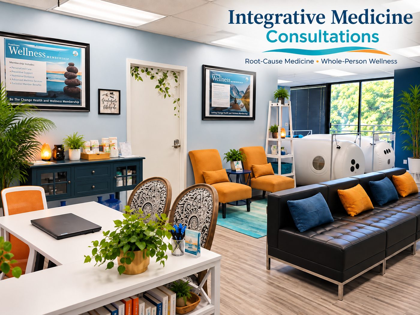 Integrative medicine consultations: root-cause medicine and whole-person wellness, in the Be The Change lounge.