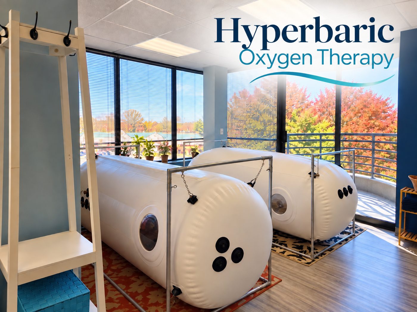 Hyperbaric oxygen therapy: two soft-shell chambers in a sunlit room at the clinic.