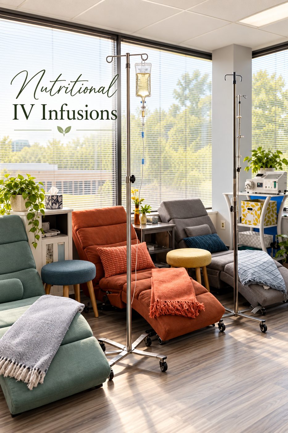 Nutritional IV infusions: reclining chairs and IV stands in the clinic infusion room.