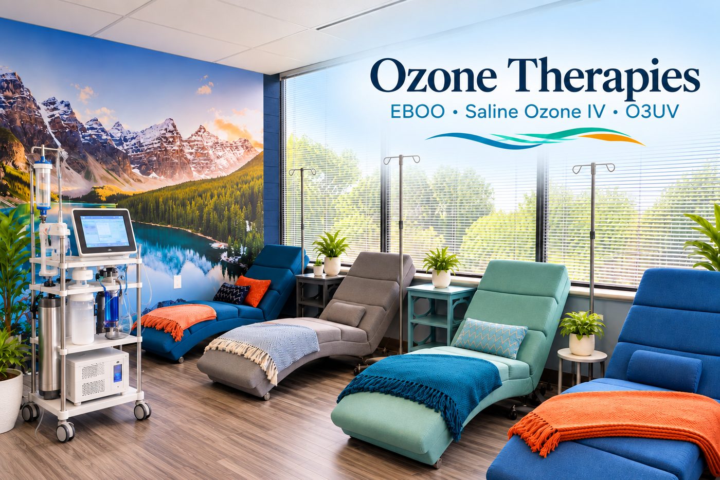 Ozone therapies at Be The Change: EBOO, saline ozone IV and O3UV, in our infusion room.