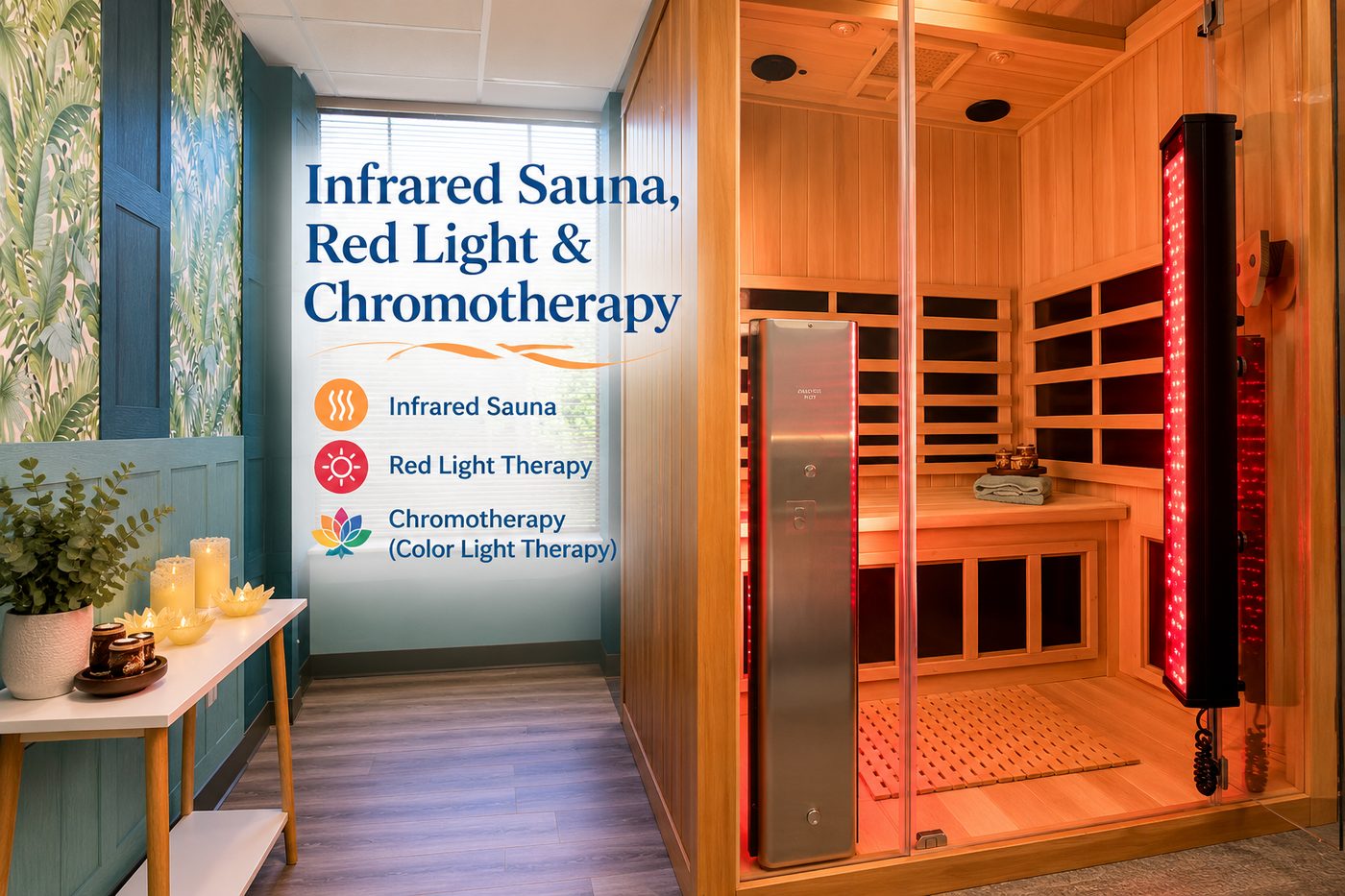 Infrared sauna, red light therapy and chromotherapy at the clinic.
